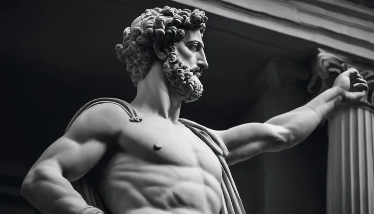 a statue of the stoic Marcus Aurelius in black and white 4K,Face de lado, corpo forte, strong upper arms,  papel de parede super realista