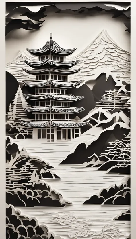 paper cut out，Chinese architecture，gardens，mountain water，Sea of Clouds