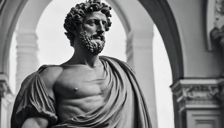 a statue of the stoic Marcus Aurelius in black and white 4K,Face de lado, corpo forte, strong upper arms,  papel de parede super realista, corpo da cintura para cima