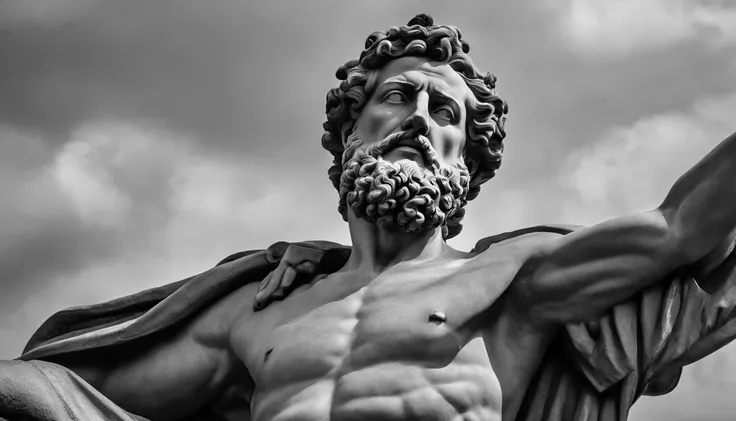 a statue of the stoic Marcus Aurelius in black and white 4K,Face de lado, corpo forte, strong upper arms,  papel de parede super realista, corpo da cintura para cima