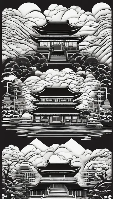 paper cut out，Chinese architecture，gardens，mountain water，Sea of clouds