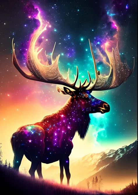 dreamlikeart, galaxy, outer space, nebula, star, [cyberpunked] Moose moose from the stars (star:1.5),