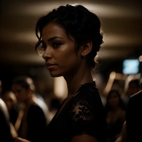 (photograph, depth of field, intricate details, black silhouette portrait), a close-up photograph of a woman in a club, black silhouette with contour light, (silhouette: 1.3), crowd of people dances around, dark image, backlight