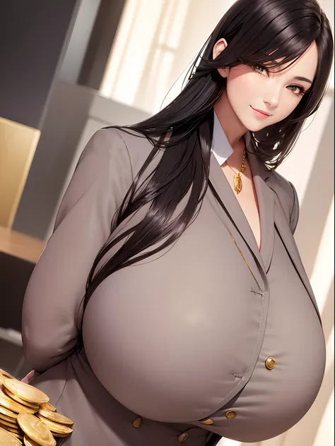 young dark-haired female ceo, gentle smile,(huge bust:1.5),the background is a securities company with many staff、rich woman、sca...