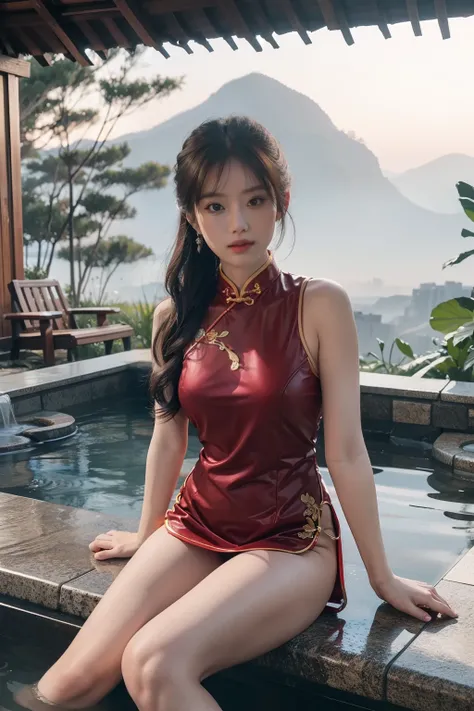 (full bodyesbian:1.5)，(1girll:1.3),(view the viewer:1.4)，(anatomy correct:1.4),(Sitting in the hot spring:1.2),(Wear a cheongsam:1.2),(Accurate and perfect face:1.3),(Long legs:1.3),hyper HD, Ray traching, reflective light， structurally correct, Award-Awar...