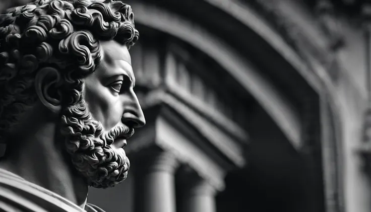 a portrait statue of the stoic Marcus Aurelius in black and white 4K,Face de lado, papel de parede super realista