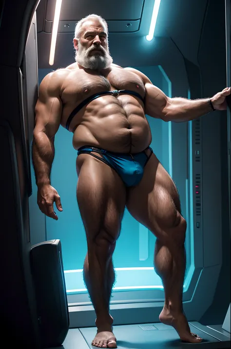 full body portrait, strong stout hairy mature older man, broad shoulders, round belly, thick feet, bulging micro thong, barefoot, scifi spaceship captain uniform, neon lights, best quality elegant masterpiece