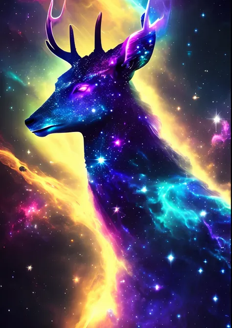 dreamlikeart, galaxy, outer space, nebula, star, [cyberpunked] Star deer from the stars. (star:1.5),