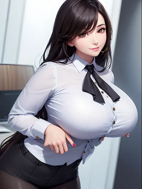 Young dark-haired female CEO, Gentle smile,(huge bust:1.5),The background is a securities company with many staff、Rich woman、Scattered gold coins and dollar bills、