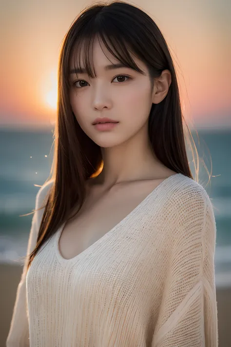 (((​masterpiece))), top-quality, winning artwork, ultra-detailliert, Extremely detailed, Detailed background, llight rays, (Very beautiful woman standing on the beach in the evening), japanes, 20yr old, 乃木坂アイドル, Photo collection of transcendent beautiful g...