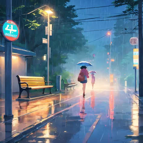 tmasterpiece，best qualtiy，Comic LO，Little girl hiding in the rain at a bus stop，Bench umbrella，after rain，brightened，cheerfulness，Warm and soft lighting，the woods,