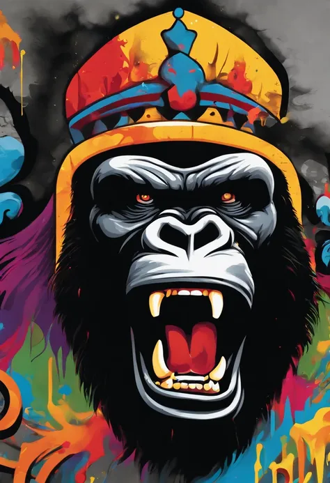 graffiti style An Angry King Kong is surrounded by colorful paint, open mouth, big fire, liquid wave, Layered style, curved design, black background . street art, vibrant, urban, detailed, tag, mural