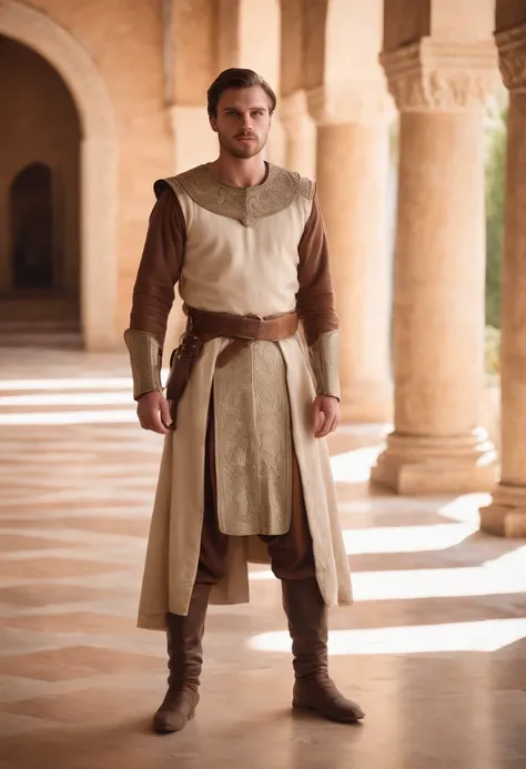 strong, A young man with white brown hair, a slight beard and a full body dressed as a warrior standing in the palaces of Andalusia looking straight forward