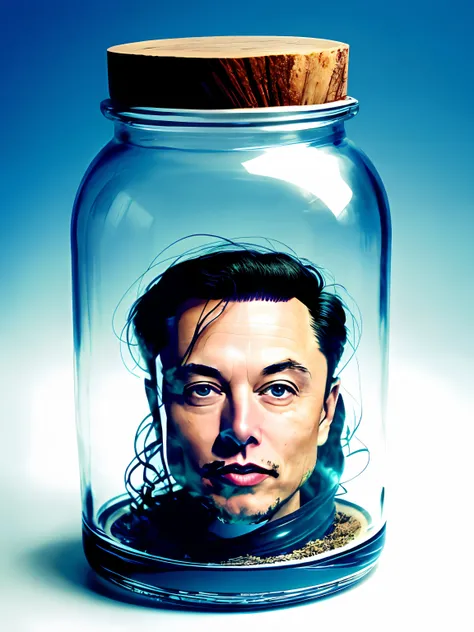 Elon Musk with his head in a jar, futuristic, melhor qualidade, obra-prima, with roots and a circle around your head