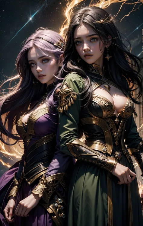 2 mulheres com a magia dourada, The background of the image is dark and starry and full of patches of light with sparks of fire, 2 mulheres de tons de cabelo diferente assim como os olhos, 1 melher tem cabelos verdes, the other melher has hair and lilac