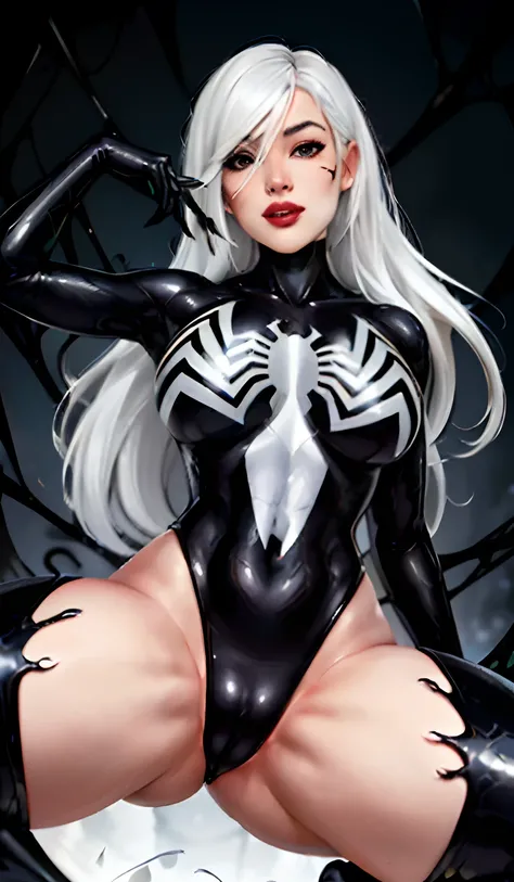 4K，realisticlying，Glamorous，The is very detailed，There is a girl in Dingcheng，Wearing a black Spider-Man costume，（Black and white：1.4） the night,symbiote，venomize，a large amount of mucus,she is a spiderman，Black superhero theme，In front of the sky，Flushed ...