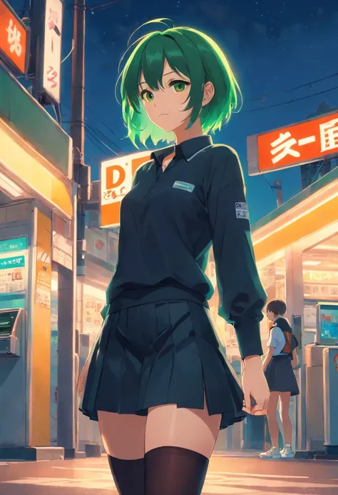 1girl, short green hair, brown eyes, wearing black nylon shirt a white letter D on the front of shirt, short black skirt, black thigh high stockings, white sneakers, tattoo right arm, outside gas station, under a neon street light, NIght time, City,  absur...