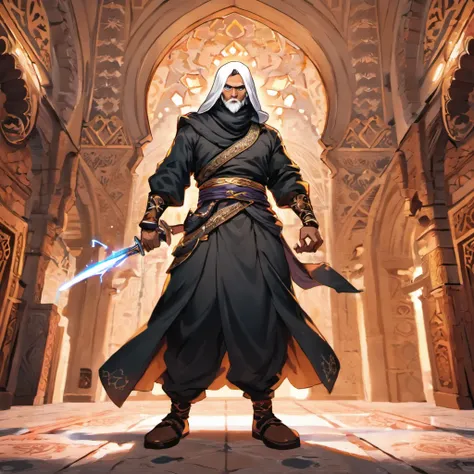 A white-haired brown man dressed as a Muslim warrior standing in the palaces of Andalusia