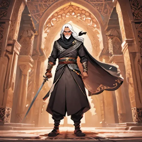 A white-haired brown man dressed as a Muslim warrior standing in the palaces of Andalusia