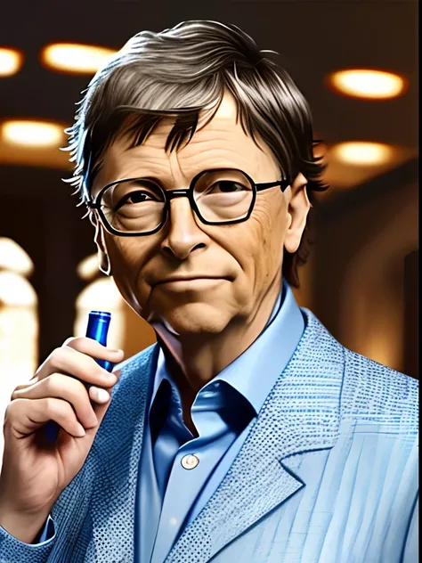 1mi homme mi demon, Bill Gates, very silver hair, blouse de scientifique, pas de rides, sourire, confiant, convaincant, tenant un vaccin et une arme, Aspect de face, portrait, 4K, high resolucion, Best quality, lighting cinematic