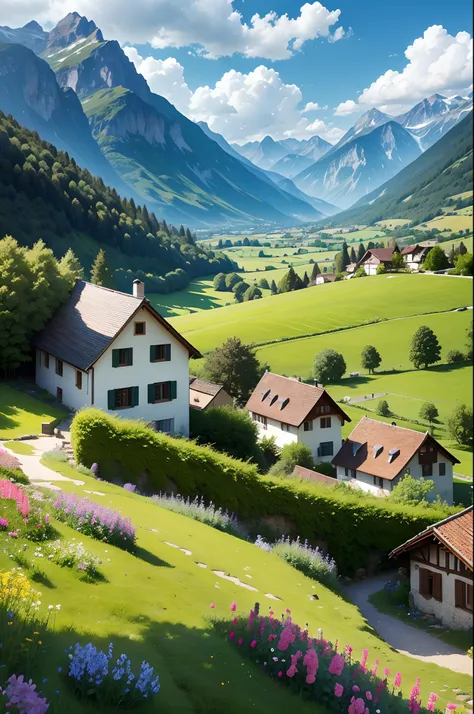 Peaceful and idyllic countryside, Rolling green hills dotted with grazing sheep, Charming villa，Set amidst vibrant flowers, Clear blue sky overhead, Evokes a sense of peace and simplicity, Valle encantador, switzerland, patches of green fields, lush countr...