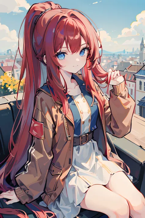 1girl, masterpiece, high quality, ((red hair)), ((straight hair)), ponytail, ((waist-length hair)), long hair, (((blue eyes))), (wearing a check dress), (wearing a brown jacket), in the Europe, smiling, sitting on the white chair, blue sky, light sky, ((de...