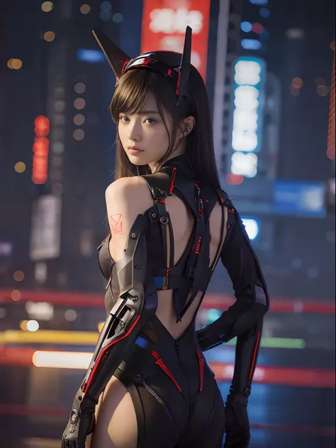 （Part of the skin is a computer）、top-quality、​masterpiece、超A high resolution、(With a futuristic machine gun、holding knive),（Wearing a futuristic hat）、(Photorealsitic:1.4)、Raw photo、女の子1人、Black hair、glowy skin、((1 Mechanical Girl))、((super realistic details...