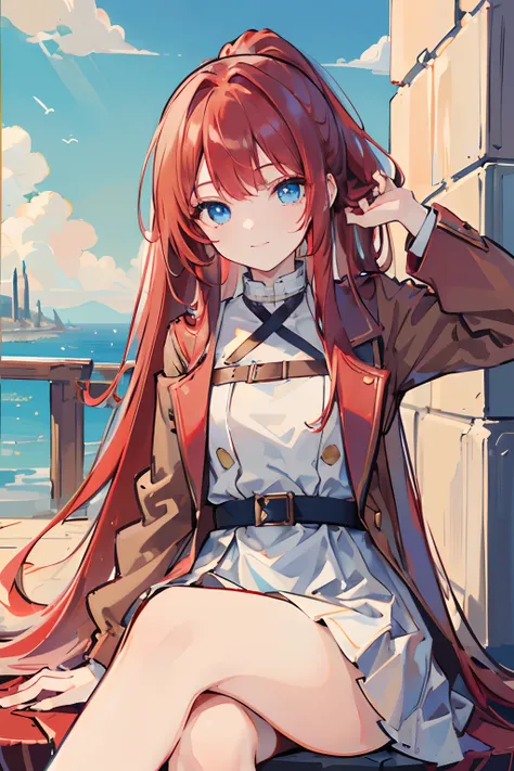 1girl, masterpiece, high quality, ((red hair)), ((straight hair)), ponytail, ((waist-length hair)), long hair, (((blue eyes))), (wearing a check dress), (wearing a brown jacket), in the Europe, smiling, sitting on the white chair, blue sky, light sky, ((de...