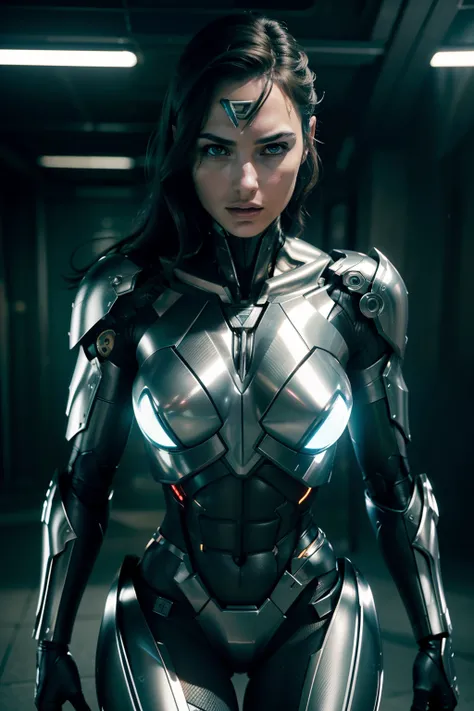 Gal Gadot as Cyborg from Zack Snyder Justice League, ((silver color mechanical cyborg body, full robot body)), (glowing lights), (dynamic pose), (hyper realistic:1.4), (realistic:1.3), (best quality real texture skin), full body, (Cinematic Light), highly ...