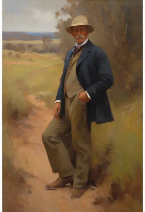 A stunning Arthur Streeton inspired painting featuring a thinking man, rendered in rich, earthy cold and old world charm.