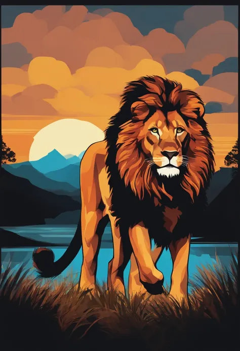 a silhouette design of a lion, sunset design, t- shirt art, 3D vector art, cute and quirky, bright bold colorful., black background, watercolor effect, , digital painting, low-poly, soft lighting, birds-eye view, isometric style, retro aesthetic, focused o...