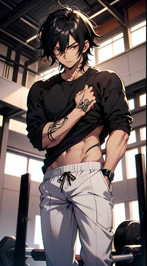 Yuijiro Hanma handsome, good body, Anime character, standing in the gym, decorated with devil tattoos, beautiful and clear muscles. His black hair is wild and unruly, his pants are black.