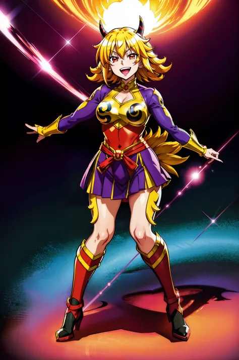 oni,sentai, heroine,superhero, standing, full body, solo focus, smile, open mouth, monstergirl