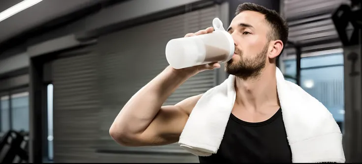 A man drinking a cup of milk while standing in a gym, Beban batidos juntos, uso de esteroides, sobre un fondo oscuro, exclusivo, musculina, Athletic muscle tone, leche derramada, athletic man in his 30s, Description, Sosteniendo un milkor mgl, a punto de c...