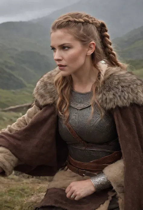 ((qualidade excepcional)), ((obra-prima)), ((true to reality)), guerreira viking, (Katheryn Winnick: 1.0), Vestindo armadura de couro, roupas detalhadas, textura de pele realista, ((corpo inteiro)), (((Ultra-detailed hands and feet))), tatuagens, Enfeite, ...