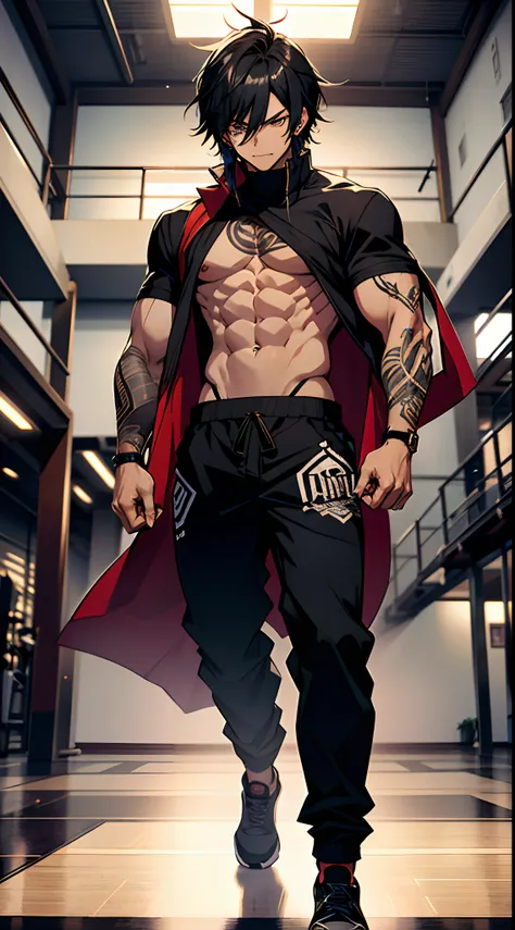 Yuijiro Hanma handsome, good body, Anime character, standing in the gym, decorated with devil tattoos, beautiful and clear muscles. His black hair is wild and unruly, his pants are black.