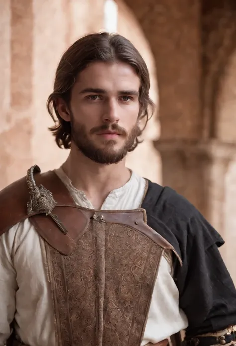 strong, A young man with brown and white hair, A blistered beard and a full body dressed as a warrior standing in the palaces of Andalusia looking at the camera holding a sword wearing black