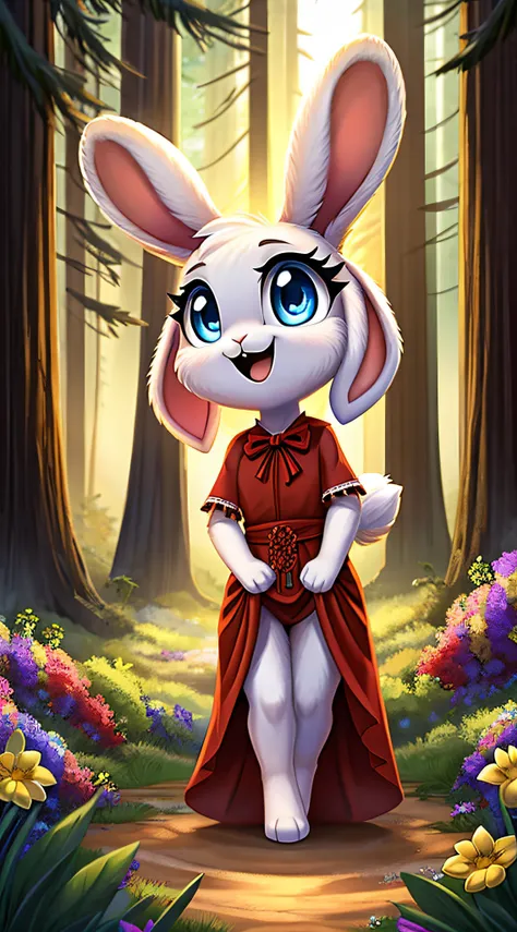 zoomed out image, fantasy style art, cute, adorable, short character, small, tiny little fluffy female white bunny with blue eyes, 4 ears, 2 extra ears, big floppy ears, long ears, ears perked up, raised ears, long eyelashes, poofy rabbit tail, wearing a r...