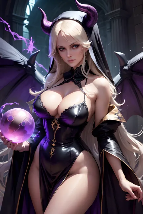 Stormy Daniels : The evil nun, Demon horn, Demon wings on the head , sexy robe de nonne, His hands preparing a sphere of purple energy, diabolique, insidieux, His powerful magic hits the buildings of a city , Context of the Satanic Church, detailled eyes, ...