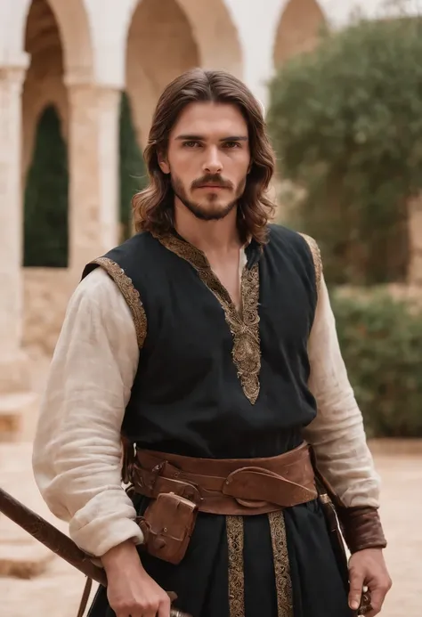 strong, A young man with brown and white hair, A sore beard and a full body dressed as a warrior standing in the palaces of Andalusia looking at the camera holding a sword dressed in black