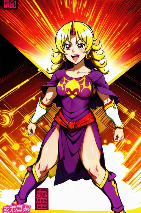 oni,sentai, heroine,superhero, standing, full body, solo focus, smile, open mouth, monstergirl