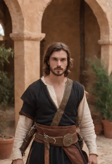 strong, A young man with brown and white hair, A sore beard and a full body dressed as a warrior standing in the palaces of Andalusia looking at the camera holding a sword dressed in black