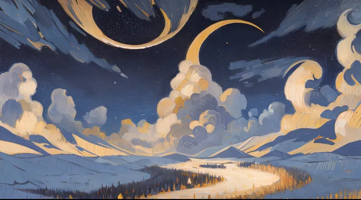 masterpiece, best quality, ultra-detailed, ((high quality acrylic paintings)) of moonlit sky, a giant crescent in the middle, golden stars, clouds, snowfields, midnight, detailed brushwork, intricate patterns drawn with colored pencils, spiral pattern, viv...