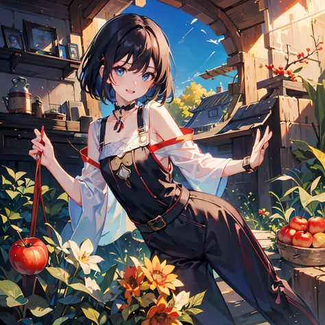 1boy，apples，Hanfu，By bangs，berries，Black hair，Black shirt，eBlue eyes，Hair between both eyes，jewely，leafs，looking at viewert，malefocus，choker necklace，trouser，The shirt，独奏，Wrist watch，White pants，Wrist watch，Messy hair, Trends on ArtStation, 8K分辨率, The is v...