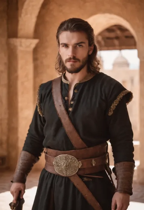 strong, A young man with brown and white hair, A painful beard and a full body dressed as a warrior standing in the palaces of Andalusia looking at the camera holding a sword dressed in black