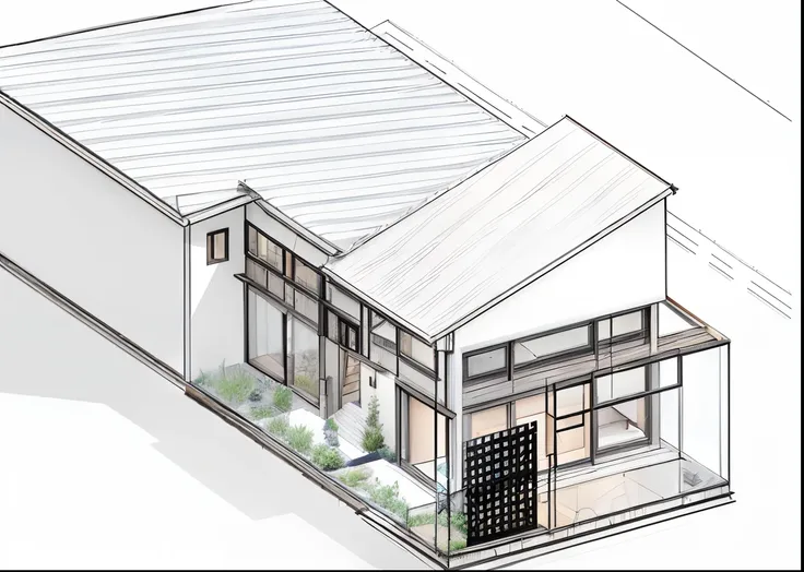 a drawing of a house with a small garden and a porch, a digital rendering, sketch - up, isometric view, 3/4 view, 3 / 4 view, conceptual rendering, concept house, concept drawing, passive house, artists impression, concept image, isometric perspective view...