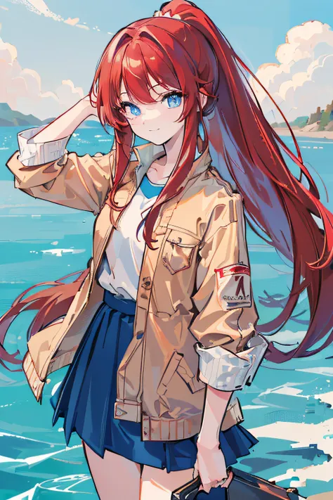 1girl, masterpiece, high quality, ((red hair)), ((straight hair)), (ponytail), ((waist-length hair)), long hair, (((blue eyes))), wearing a white shirt, (wearing a check skirt), ((wearing a brown jacket)), in the Europe, smiling, standing, (walking), blue ...