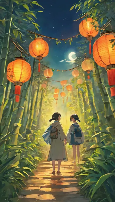 4k、Scenery in June、mont、falls、a river、bamboo grass、hydrangeas、ink and watercolor painting、On a calm autumn evening，Bright full moon hanging high in clear blue night sky，。In a beautiful square，Two cute pandas standing under the moon，They are quietly looking...