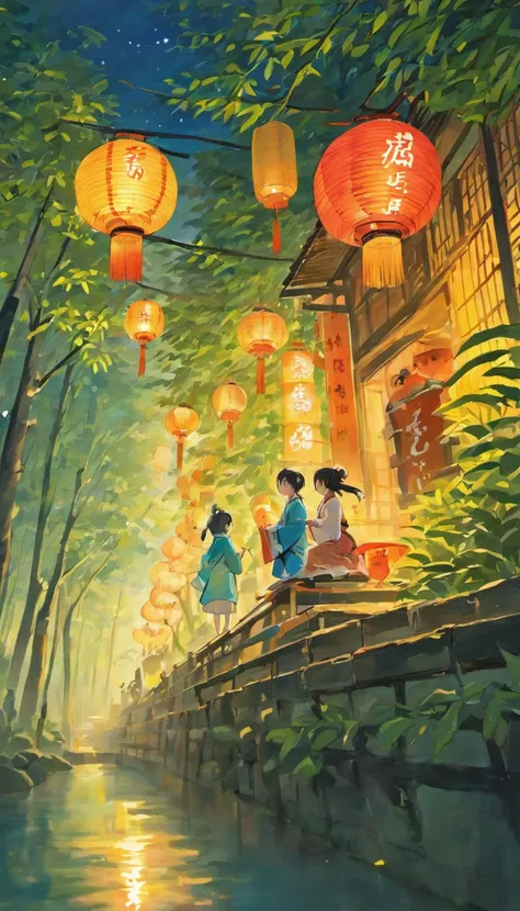 4k、Scenery in June、mont、falls、a river、bamboo grass、hydrangeas、ink and watercolor painting、On a calm autumn evening，Bright full moon hanging high in clear blue night sky，。In a beautiful square，Two cute pandas standing under the moon，They are quietly looking...