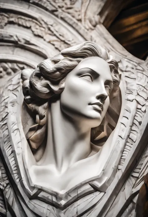 White marble statue of wonder woman bust style fi dark atmosphere, alto contraste de luz e sombra, fotografia profissional, utrarealista, light volumetric, cinemactic